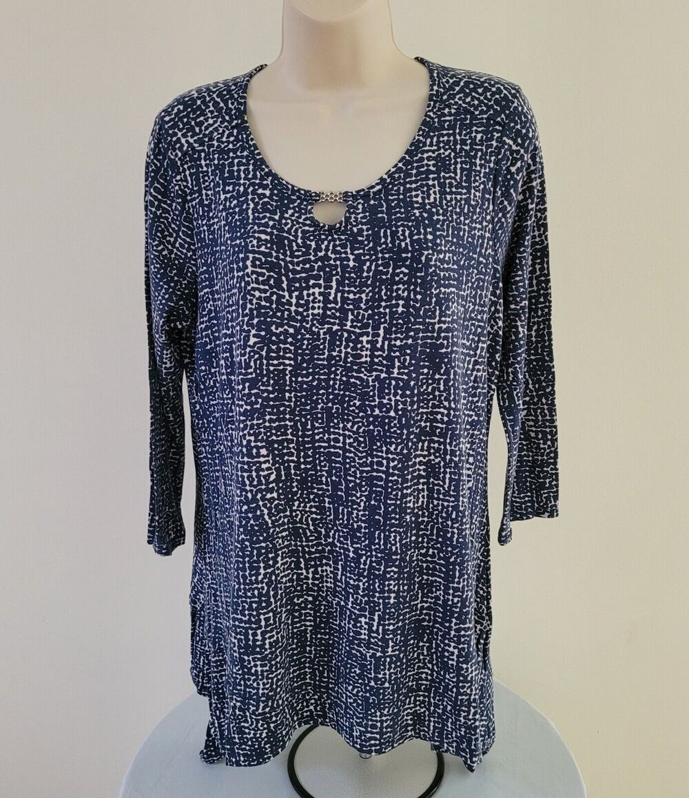 RAFAELLA Womens Royal & White Knit, Asymmetrical hem, Neckline detail Tunic-Sz M